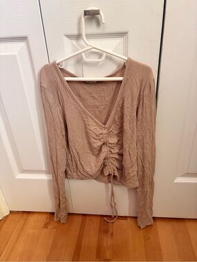 Garage Ruched V-Neck Long Sleeve Top in Taupe